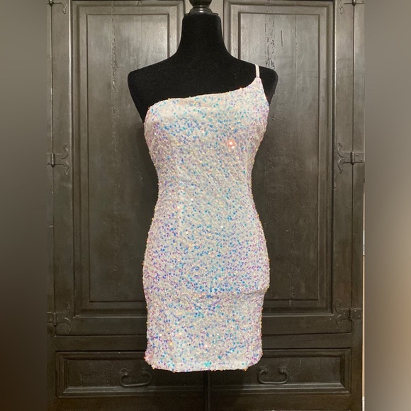 Molicuty Purple Sequins with One thin strap white dress. Size Small - Picture 1 of 11